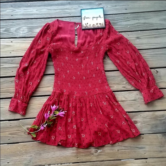 Free People Red Floral Mini Dress in size Medium - Picture 4 of 8